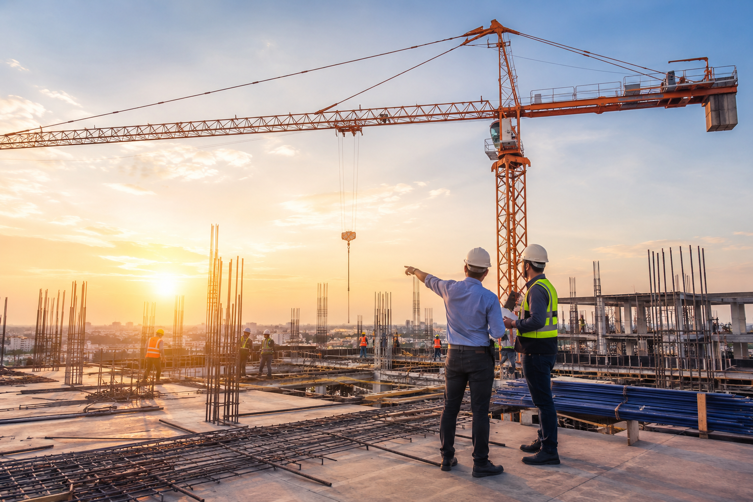 Modern construction site with cranes and workers